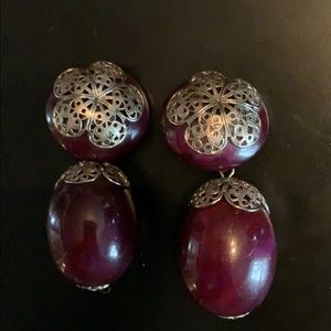 Vintage plum color dangle earrings w/silver detail